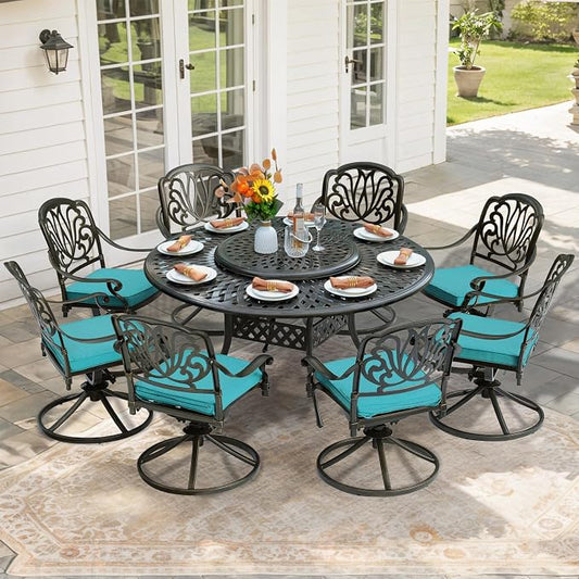 9-Piece Patio Furniture Dining Set, Cast Aluminum Outdoor Conversation Set- 61" Round Patio Dining Table with Detachable Lazy Susan & 8 Cushioned Swivel Rocker, Umbrella Hole, Ocean Blue