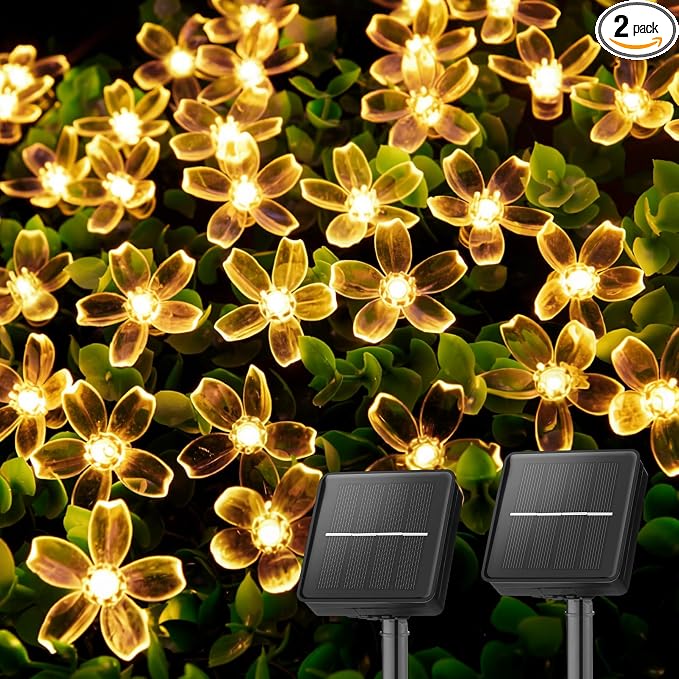 Brightown 2 Pack Total 52FT 120 LED Solar String Lights Flower Outdoor Waterproof Fairy Lights for Garden Yard Fence Patio Christmas Tree Wedding Party Decor, Warm White