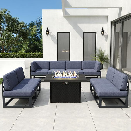 9 Pieces Aluminum Patio Furniture Set with Propane Gas 44" Fire Pit Table, Metal Outdoor Conversation Sofa Set with Seating Cushions