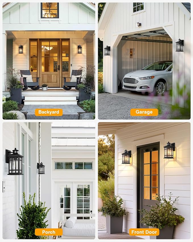 Motion Sensor Outdoor Light Adjustable Sensing Range, 2 Pack Black Dusk to Dawn Exterior Lighting Fixtures with Seed Glass, Aluminum Anti-Rust Outside Lights for House Garage Doorway Garden