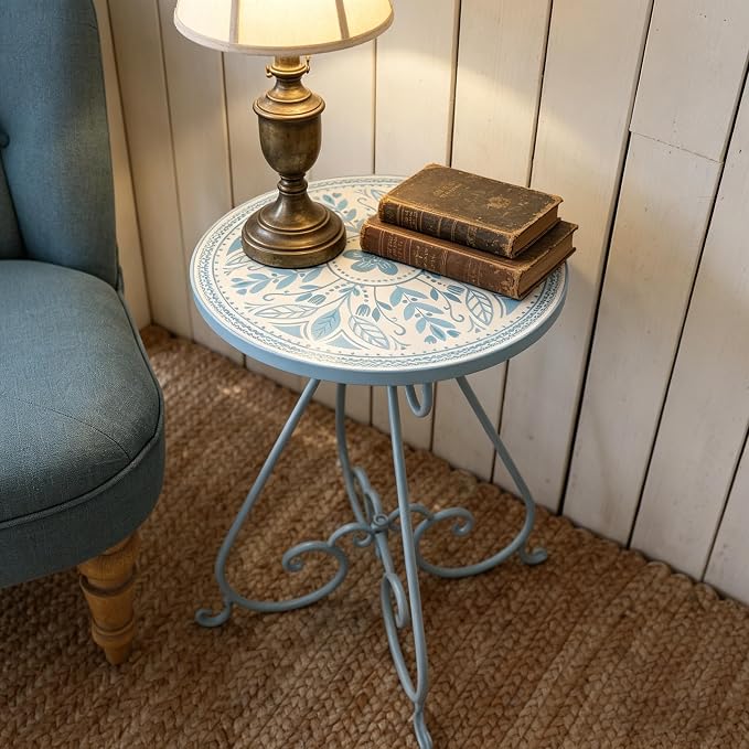 Outdoor Side Table & Mosaic Ceramic Plant Stand, 14" Metal Round End Table for Garden Home Patio Yard Porch Patio Decor Weather Resistant Outside Accent End Furniture (Flower#1)