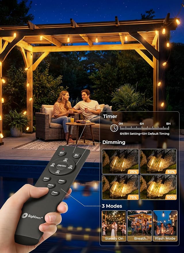 Brightown 37FT Solar String Lights Outdoor, 10+1 Shatterproof LED Lights | Waterproof, Remote Control, Dimmable, Timer, 3 Light Modes Solar Lights for Yard, Camping, Parties and Outdoor Decor