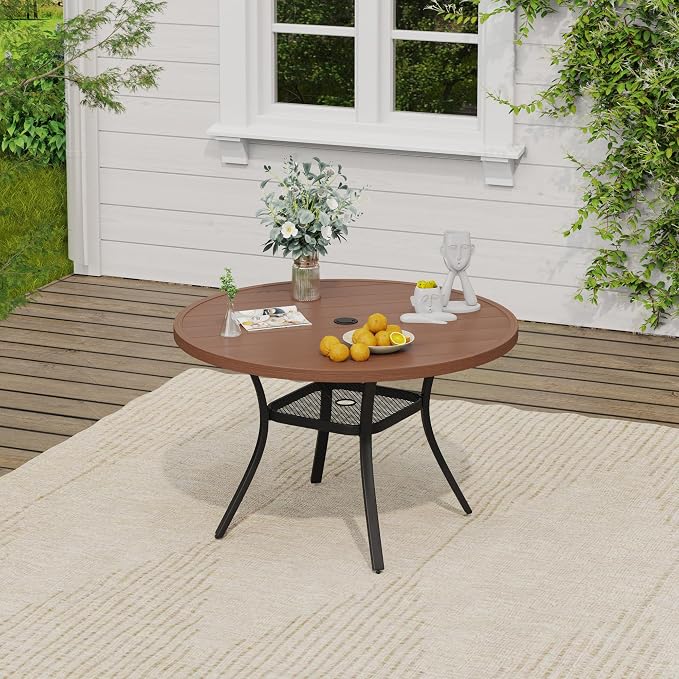 VICLLAX Patio Dining Set, 40.6" Walnut Table & 4 Chairs with Wheat Cushion | Outdoor Table and Chairs Set of Round Metal Patio Table, Outdoor Dining Chairs with Metal Frame, Garden Deck Porch