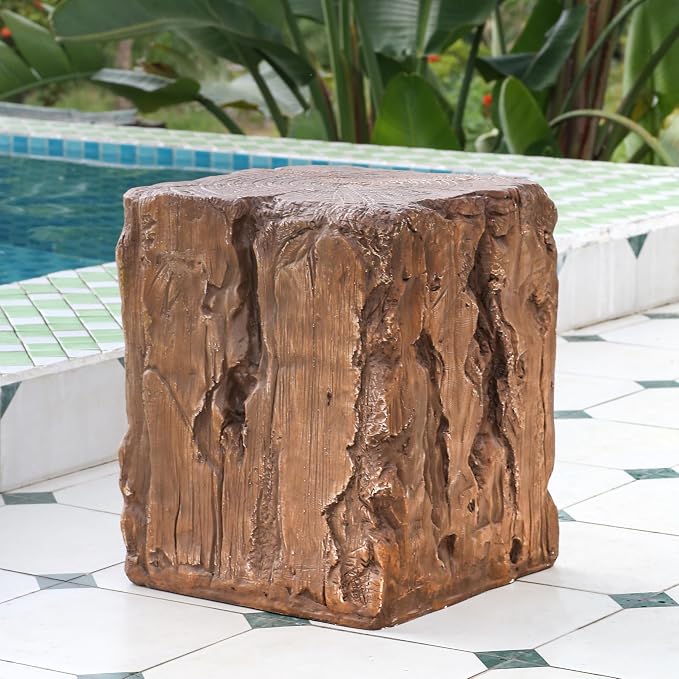 Christopher Knight Home Nataly 18.25" H Small Outdoor Side Table, Stump Shape Carved Garden Stool, Lightweight Concrete End Table, Patio Decorative Home Stool for Balcony Poolside Backyard, Brown