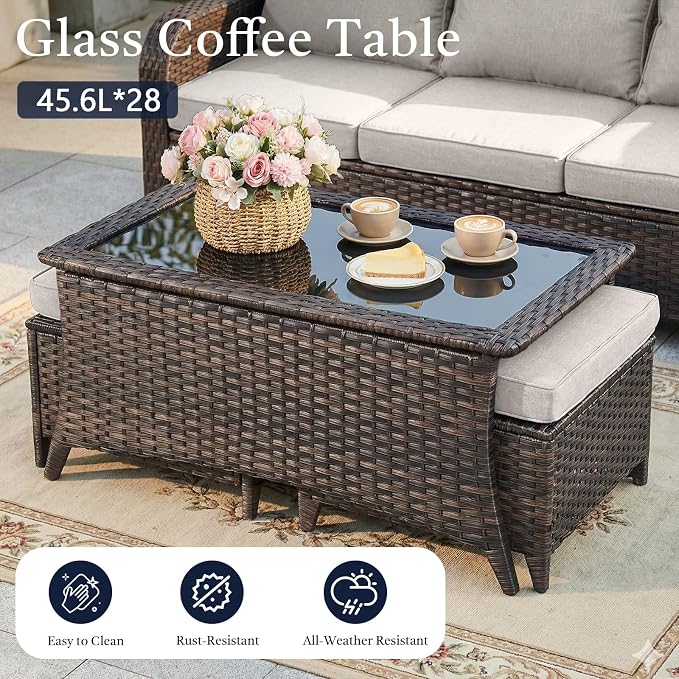Opohoro 6 Piece High Back Patio Furniture Set - All Weather Patio Conversation Set with 4 Inch Thick Cushions and Deep Seating Swivel Glider Chairs & Outdoor Couch for Porch Deck Yard Pool Brown Beige