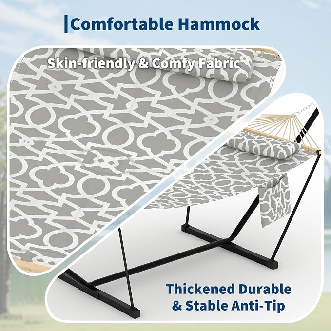 Double Hammock with Stand, 450 Lbs Capacity 12FT Heavy Duty Portable 2 Person Hammock with Steel Frame & Anti-Tip Design, Easy 2-Minute Setup for Patio, Garden, Beach, Backyard