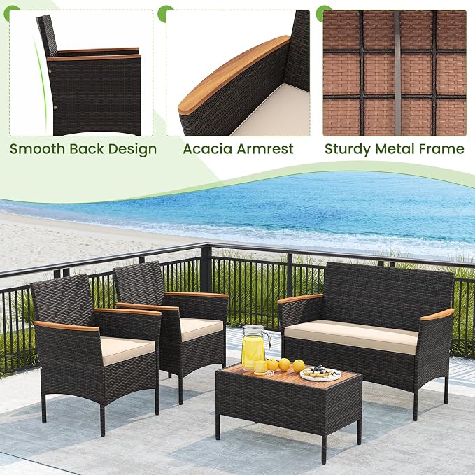 HAPPYGRILL 4 Pieces Outdoor Patio Rattan Furniture Set, Rattan Conversation Set with Chairs & Loveseat, Acacia Wood Tabletop & Armrest, Outdoor Cushion Sofa Set for Backyard Patio Poolside