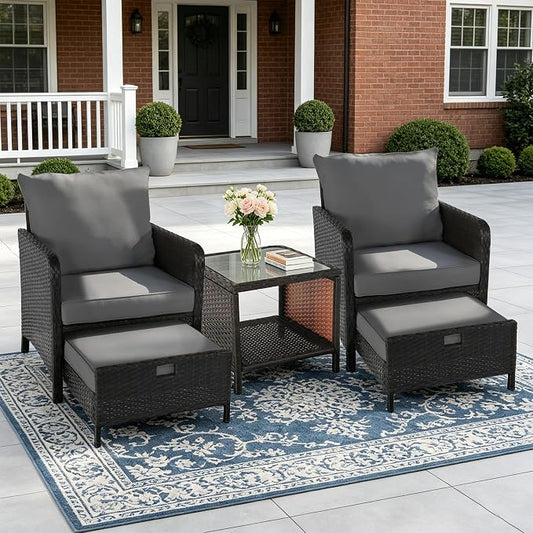YLGJ&TIDY 5 Pieces Patio Furniture Set, Rattan Outdoor Lounge Chairs with Soft Cushions,Outdoor Wicker Patio Conversation Set with Hidden Ottoman and Coffee Table for Porch, Garden, Backyard (Gray)