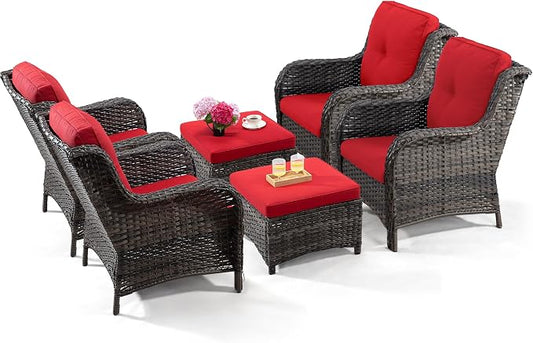 Wicker Chair Set 6 Pieces - Outdoor Wicker Patio Furniture Set with 4 Armchairs and 2 Ottomans, Olefin Cushions Included(Mixed Grey/Red)