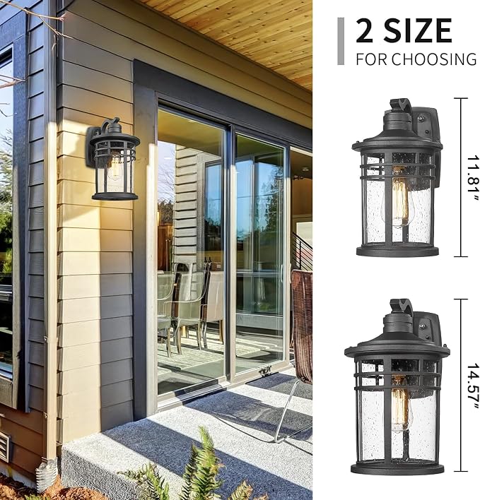 Darkaway Dusk to Dawn Outdoor Porch Wall Light,Outside Wall Mounted Light Seeded Glass Exterior Waterproof Lantern 14.57inch Large Modern Wall Sconce Lighting for House Front Door Garage