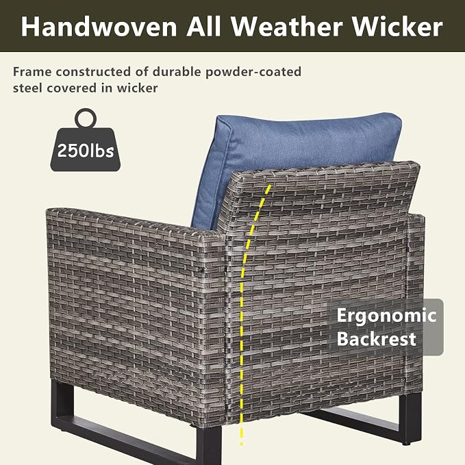 Rilyson Luxury Wicker Outdoor Patio Chairs Set of 2-Classic Rattan Chairs Water Resistant,Comfortable Cushions and Sturdy Metal Frame for Outside Porch Deck Backyard(Mixed Grey/Blue)