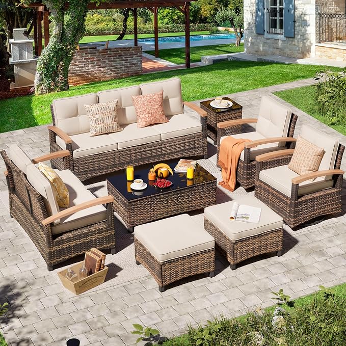 MEISSALIVVE 8 Pieces Patio Furniture Sets, PE Wicker Outdoor Conversation Sets with 2 Wood Armrests Swivel Rocker Chairs, 2 Ottomans, 2 Sofas and Coffee Table(Beige)