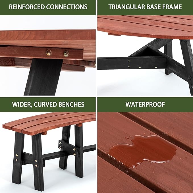 Wood Picnic Table with Benches &Umbrella Hole Elegant Triangle Outdoor Picnic Table for 3-6 People Reddish-Brown Tabletop and Black Legs for Backyard, Porch, Patio, Deck