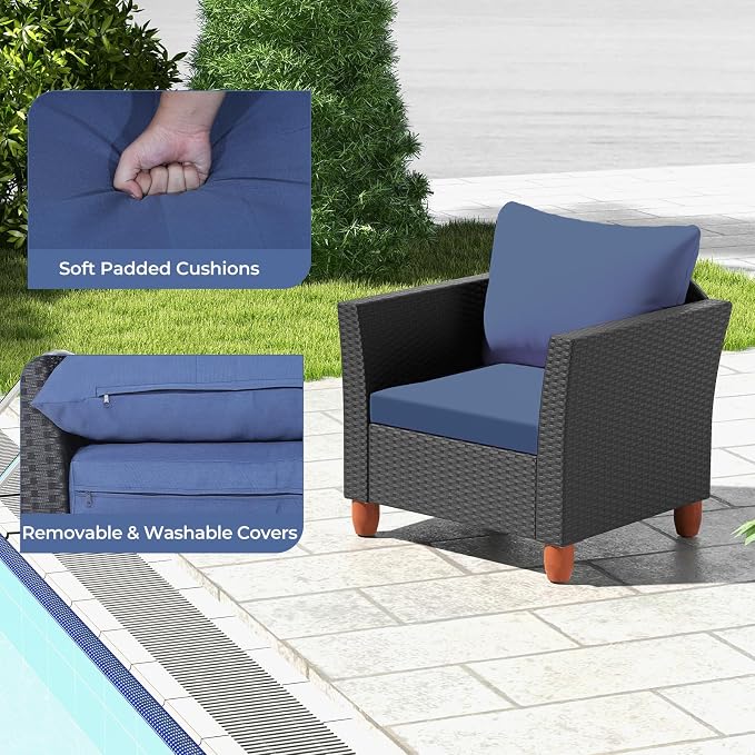 ORALNER 3 Pieces Patio Furniture Set, Outdoor Wicker Conversation Chairs with Cushion, Acacia Coffee Table, Rattan Bistro Set for Balcony Garden Backyard Front Porch Poolside (Blue)