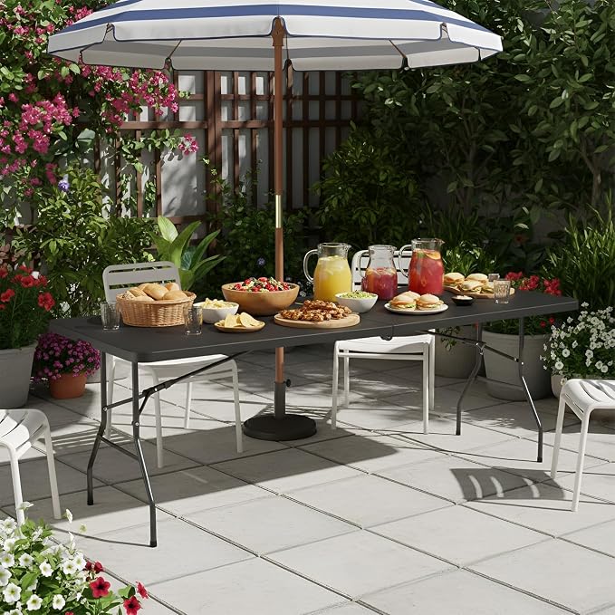 8FT Folding Table, Heavy Duty Foldable Dining Table, Portable Plastic Picnic Table with Handle, Indoor Outdoor Camping Table, Fold-in-Half Rectangular Banquet Party Table – Black