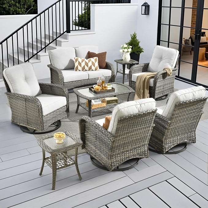CAODOC 8-Piece Wicker Patio Furniture Set, All-Weather Rattan Conversation Bistro Loveseat Chair and Patio Rockers Set for Backyard, Balcony and Deck with Soft Cushions and Metal Table(Grey)