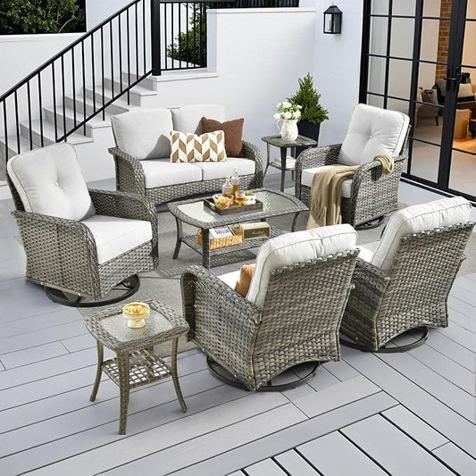 CAODOC 8-Piece Wicker Patio Furniture Set, All-Weather Rattan Conversation Bistro Loveseat Chair and Patio Rockers Set for Backyard, Balcony and Deck with Soft Cushions and Metal Table(Grey)