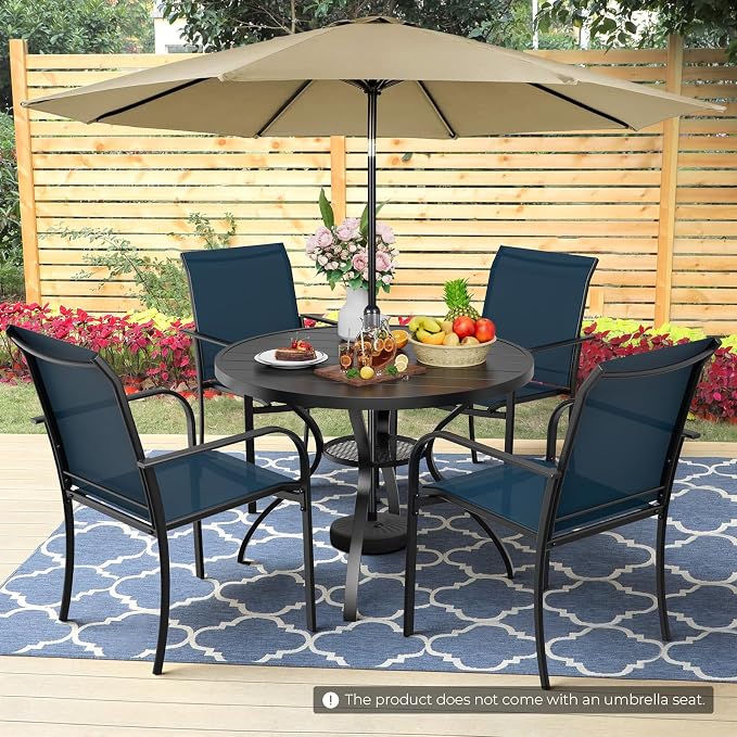 Incbruce 6 PCS Patio Dining Set with Brown Umbrella, Outdoor Dining Set of 4 Textilene Chairs and 41" Round Table with Umbrella Hole for Backyard, Garden, and Poolside (Blue)
