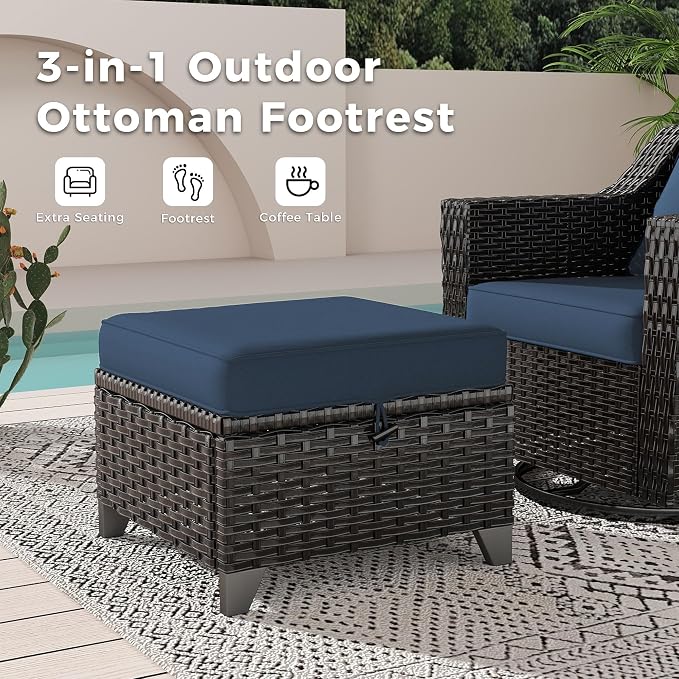 7 Pieces Patio Conversation Furniture Set - 2 Armchairs, 2 Ottomans, 2 Swivel Chairs, 1 Side Table, Outdoor Wicker Furniture with Removable Cushions for Porch, Balcony, Sunroom (Blue)