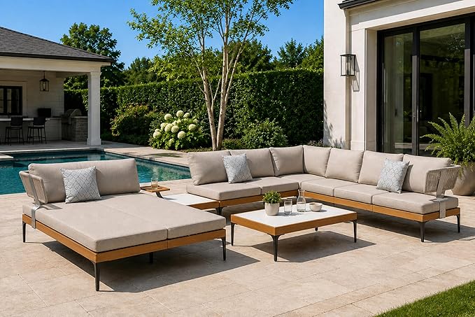 PURPLE LEAF 7 Pieces Patio Furniture Set with Daybed Tables Outdoor Wicker Sectional Conversation Sets Modern Aluminum L Shaped Sofa for Balcony Yard Garden Poolside, Cushions and Pillows Included