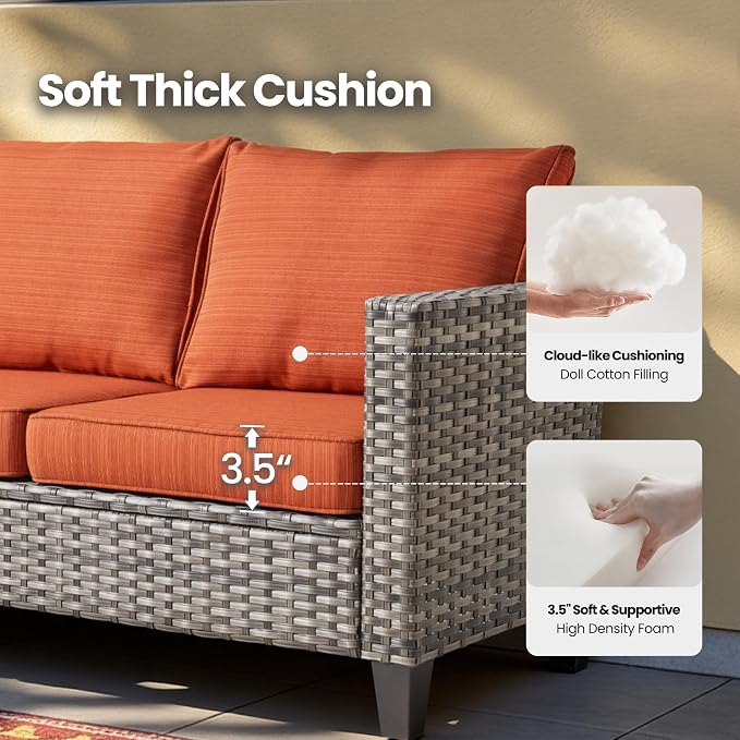 7 Piece Wicker Patio Furniture Set with Firepit Table, Orange | Outdoor Deep Seating Sofa Chair Ottoman, Firepit, Solar Lights Table, Modern Conversation Set, Porch Deck Backyard