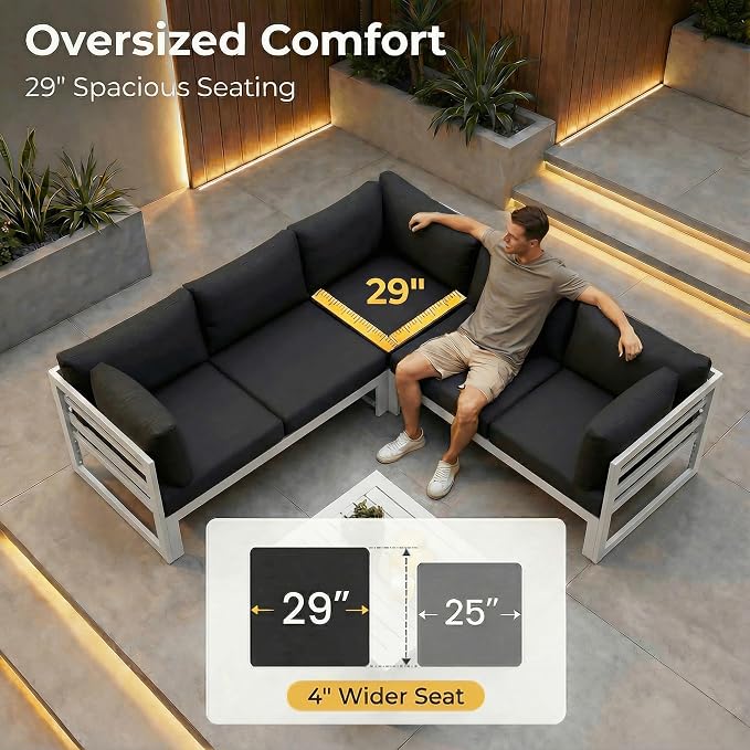 NICESOUL 10 Piece Modern Aluminum Patio Furniture Set, 500 lbs Heavy Duty Durable Outdoor Sectional Sofa, 29" Deep Wide Oversized Seating, L Shaped Comfortable Conversation Couch for Yard Deck, Black
