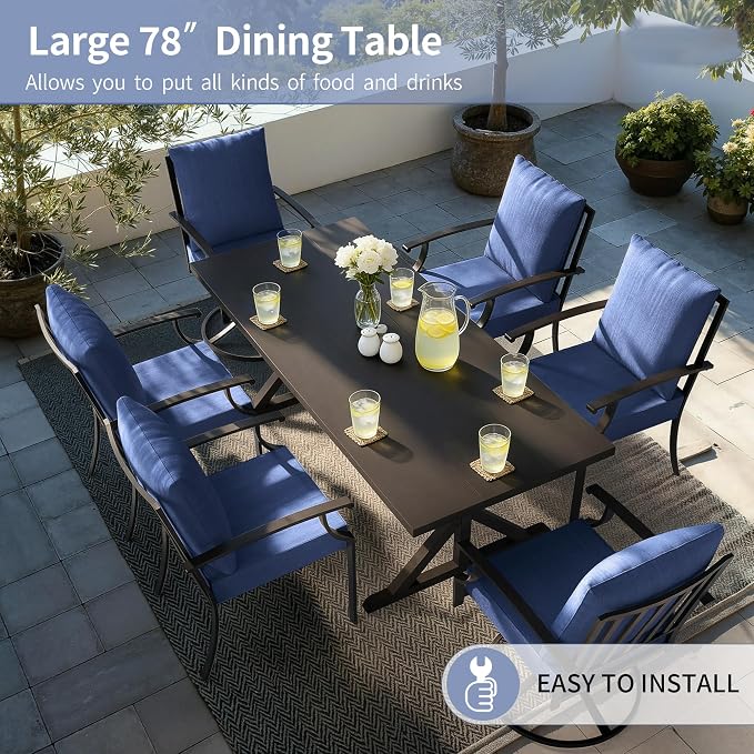 Kullavik 7 Pieces Outdoor Dining Set,Patio Dining Table and Chairs Set for 6,Fence Pattern Back Chairs with Thickened Cushions & X-Frame Metal Dining Table with Umbrella Hole for Patio,Navy Blue