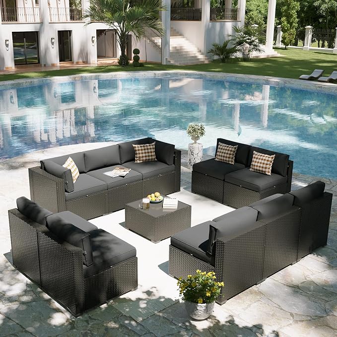 Aoxun Patio Furniture Set, 11 Piece Outdoor Sectional Sofas with Waterprool Cover, 10 Seats Wicker Rattan Outdoor Furniture Patio Conversation Set for Backyard, Garden Dark Grey