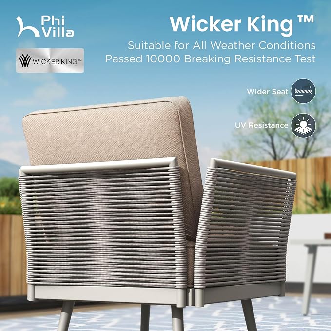 PHI VILLA 6-Piece Rope Rattan Patio Sectional Furniture Set,Modern Outdoor Conversation Set with Detachable Armrests and Grey Metal Frame,All Weather Patio Sofa with Coffee Table and Biege Cushions