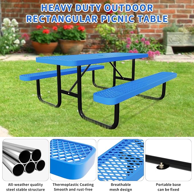 Picnic Tables for Outdoors,Commercial Metal Picnic Table Bench Set with Umbrella Hole,School Canteen Tables W/Seats - Heavy Duty Sturdy Picnic Tables Furniture for Patio Garden (Blue, 6FT)