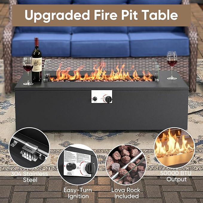 HUMMUH Patio Furniture Set with Fire Pit Table,7 Piece Wicker Outdoor Conversation Sets -Outdoor Swivel Rocker Chairs Patio Sofa for Porch,Garden,Backyard