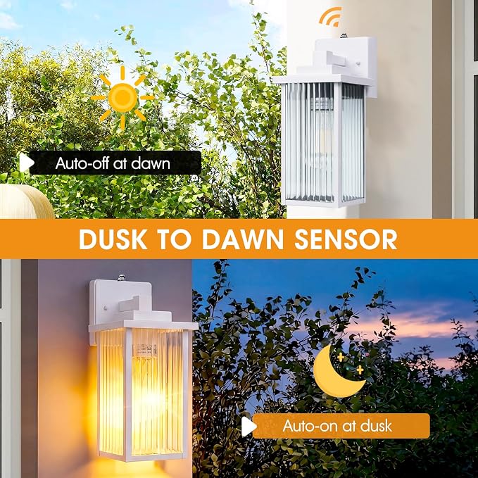 13" White Dusk to Dawn Outdoor Light, Exterior Light Fixture | Auto On and Off, Anti-Rust Metal Frame, Tempered Glass, E26 Socket, Easy DIY Install on Porch, Garage