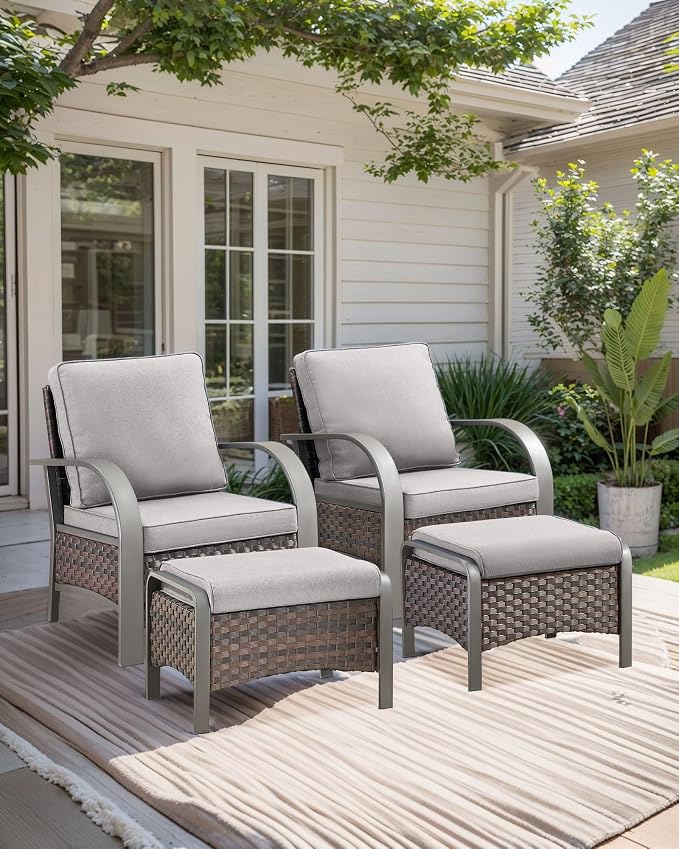 HUMMUH Outdoor Wicker Chairs Set of 2-All Weather Rattan Wicker Patio Chairs with Ottoman Small Outdoor Furniture Set for Deck Porch Garden Poolside Backyard-Brown/Grey