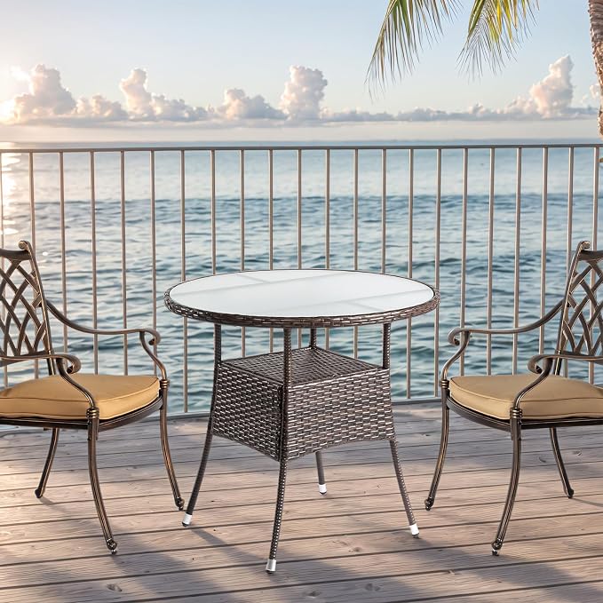 31.7" Round Patio Side Table,Small Outdoor Wicker End Tables,All-Weather Rattan Coffee Table,Bistro Dining Tables,with Glass Tabletop,for Lawn Garden Backyard Deck Porch Poolside Balcony (Brown)