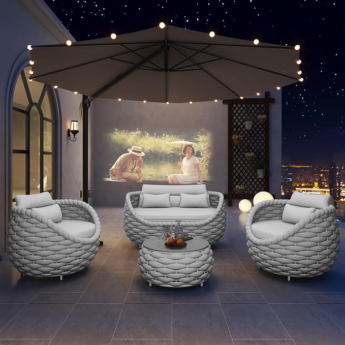 TWT 6-Piece Aluminum Patio Furniture Set, Olefin Rope Modern Outdoor Conversation Set Sectional Sofa with Water Repellent Thick Cushions and Coffee Table for Balcony, Garden, Light Grey