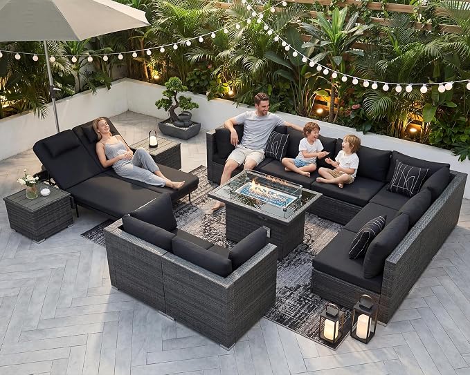 NICESOUL 13 Piece Patio Set with Fire Pit Table, 500 lbs High Weight Capacity Large Outdoor Sectional with Fire Pit & Chaise Lounge, 29.3'' High Back Patio Sectional Deep Seating Grey & Black