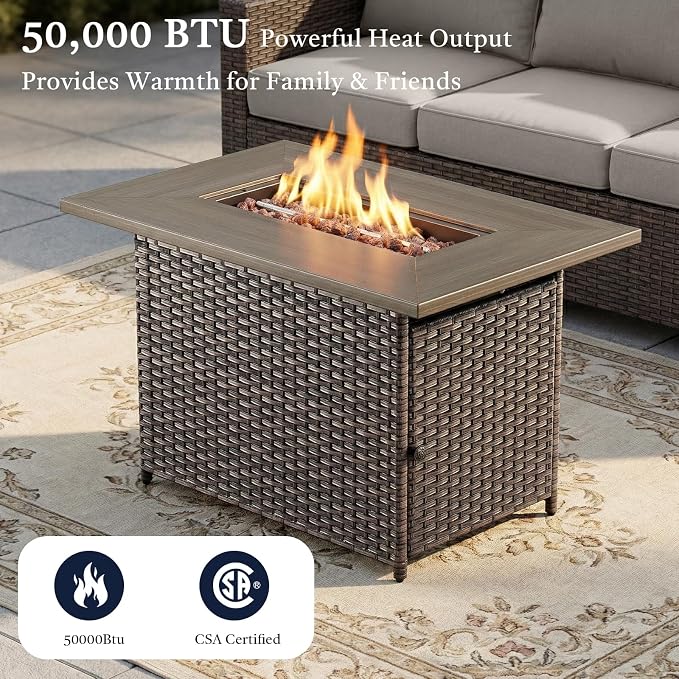 8 Piece Patio Furniture Set with 41" Fire Pit Table - Patio Conversation Set with 4 Inch Thick Cushions and Deep Seating Swivel Glider Chairs Set of 4 & Outdoor Couch for Porch Deck Yard Pool
