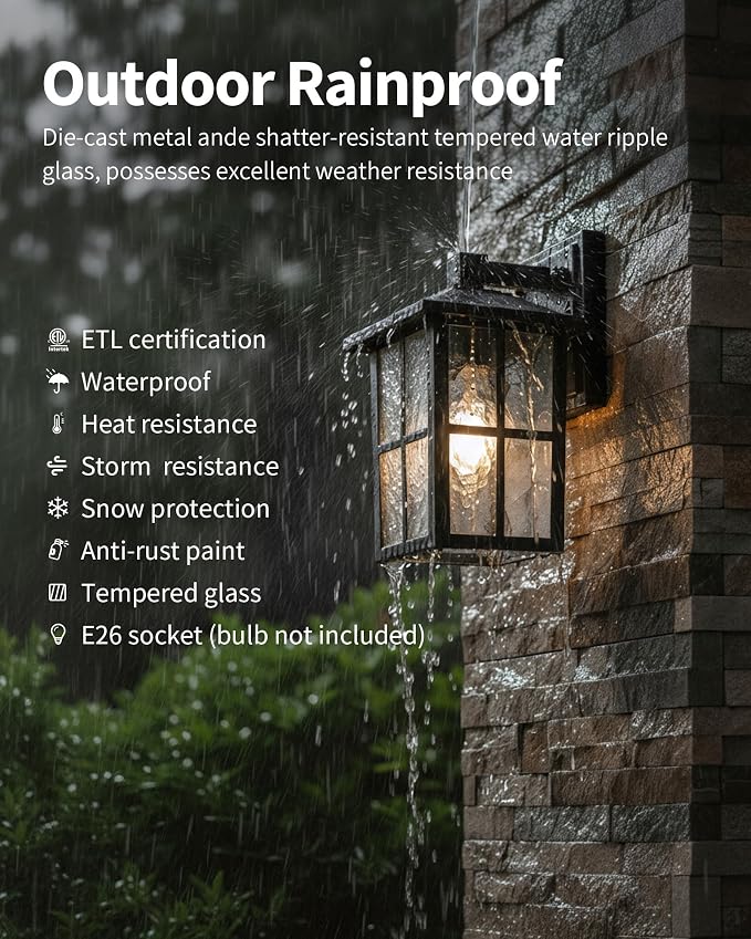 KDG Black Outdoor Waterproof Modern Patio Wall Light Fixtures Set of 2 | E26 Socket Exterior Lanterns & Sconce with Tempered Glass, Wall Mounted Lamps for Home, Front Door, Garden, Garage, Porch