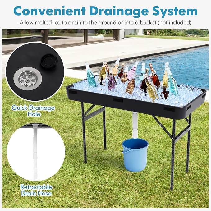 4 Foot Ice Cooler Table, Folding Buffet Cold Food Keeper w/Removable Matching Skirt & Drain Plug, Portable Patio Outdoor Chilling Table, Cooler Server for Party, Picnic, Camping, Wedding, BBQ