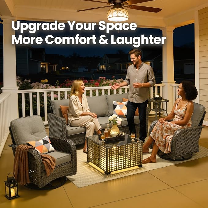 5 Piece Wicker Patio Furniture with Swivel Rocker Chair, Dark Gray | High Back Swivel Rocker Chairs, All Weather Rattan Outdoor Sofa, Solar Lights Table, Modern Conversation Sets, Deck Backyard