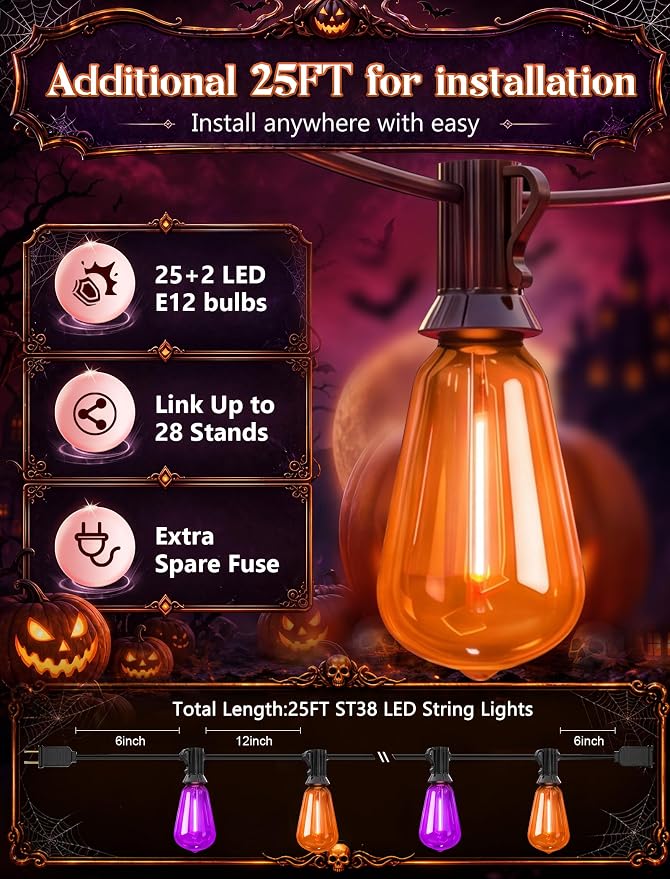 25ft Halloween String Lights Outdoor, ST38 Orange Purple LED Shatterproof Light Bulbs, Waterproof Dimmable Hanging Lights for Yard Patio Decor