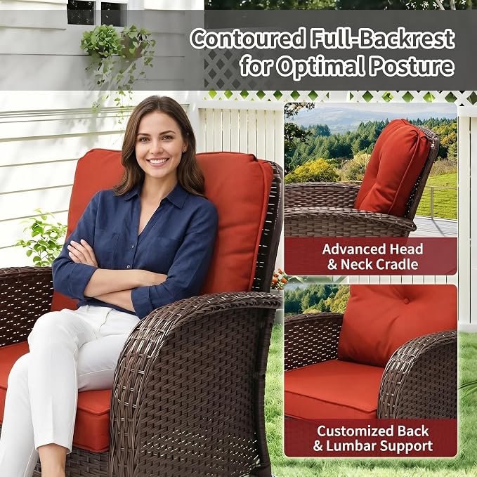 SHGJ&SOFT 3 Piece Patio Furniture Set, 2 Outdoor Swivel Rocking Chairs with Side Table, Wicker Glider Chairs, All-Weather Rattan Bistro Set for Porch, Deck, Pool (Red, Brown Full-Weave Rattan)
