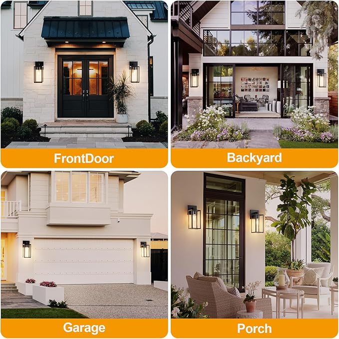 Kalium Porch Lights Outdoor Wall Light Fixture 2pcs, Matte Black, Wall Sconce 12.4 in, Toughened Frame, Clear Glass Shade, Waterproof Lanterns, for Patio, Exterior, Front, Door, Entryway
