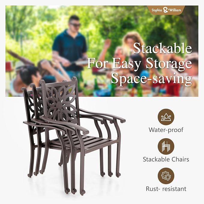 Sophia & William 7 Pieces Cast Aluminium Patio Dining Furniture Set for 6, Powder-Coating Outdoor Dining Chairs and Rectangular Table with 2.3" Umbrella Hole for Porch Backyard Deck, Bronze