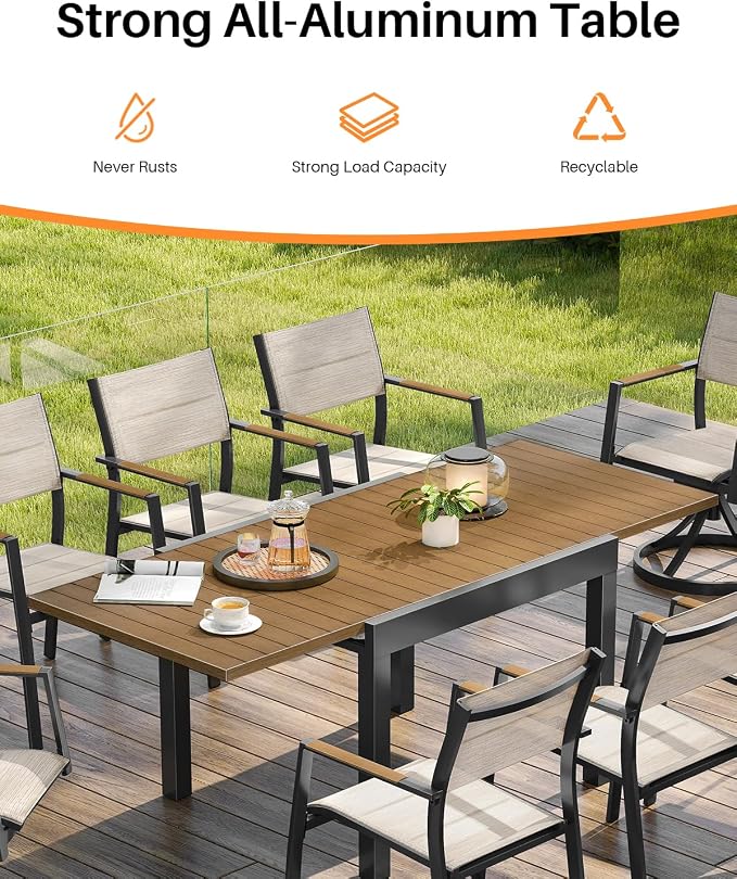 Expandable Patio Dining Table, Never-Rust Aluminum Extendable Outdoor Dining Table for 4-8 Person, 38"-77" Adjustable Indoor Outdoor Expandable Patio Table for Garden, Porch, Deck, Teak