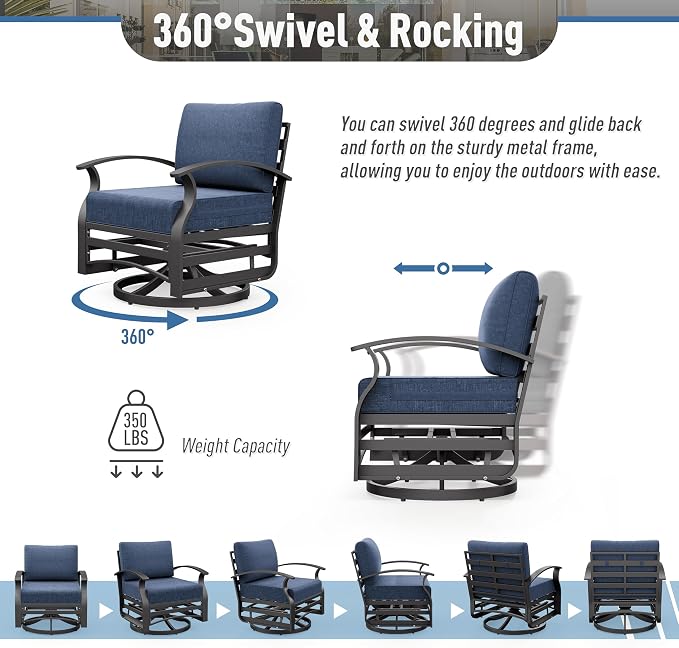 Kurapika Aluminum Patio Furniture Set 5-Seat Modern Outdoor Conversation Sets w/Swivel Rocking Chairs with Rectangular Coffee Table, Navy Blue