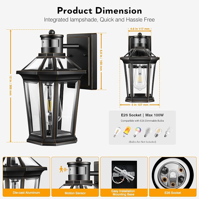VIANIS Motion Sensor Exterior Light Fixture, 2 Pack Dusk to Dawn Outdoor Light Wall Mount, Anti-Rust Aluminum Outside House Lights, Farmhouse Coach Lantern for Porch, Entryway, Garage, Front Door
