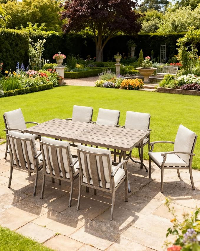 9-Piece Outdoor Dining Set, Never Rusts Aluminum Patio Dining Set with Umbrella Hole, Outdoor Table and Chairs with Cushions, Patio Furniture Sets for Decks, Lawn, Garden, Backyard, Limed Oak