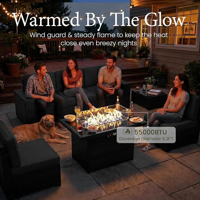 LayinSun 7 Pieces Outdoor Patio Furniture Set with 44" Fire Pit Table Rattan Sectional Sofa Conversation Sets