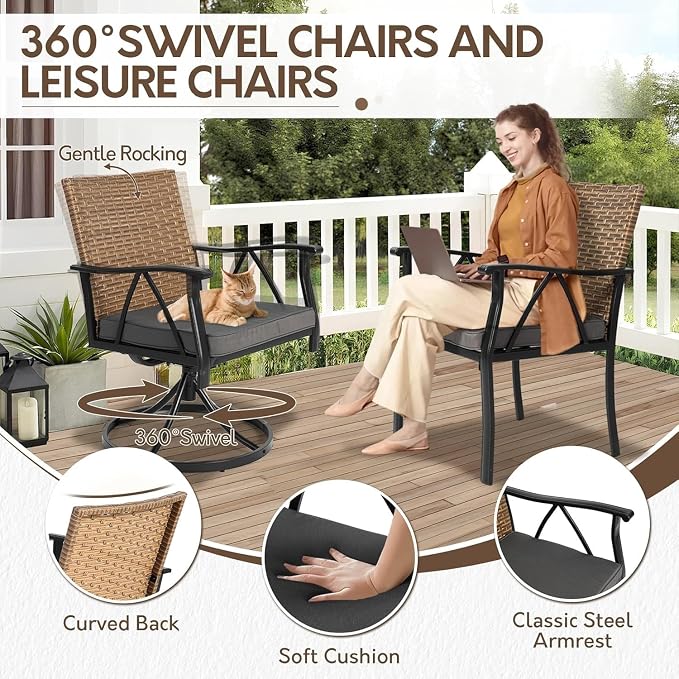 7-Piece Patio Dining Set for 6, Outdoor Dining Set with Wicker Swivel Patio Dining Chairs with Cushions & Black Rectangular Woodgrain Dining Table with 1.75”Umbrella Hole, Black & Brown